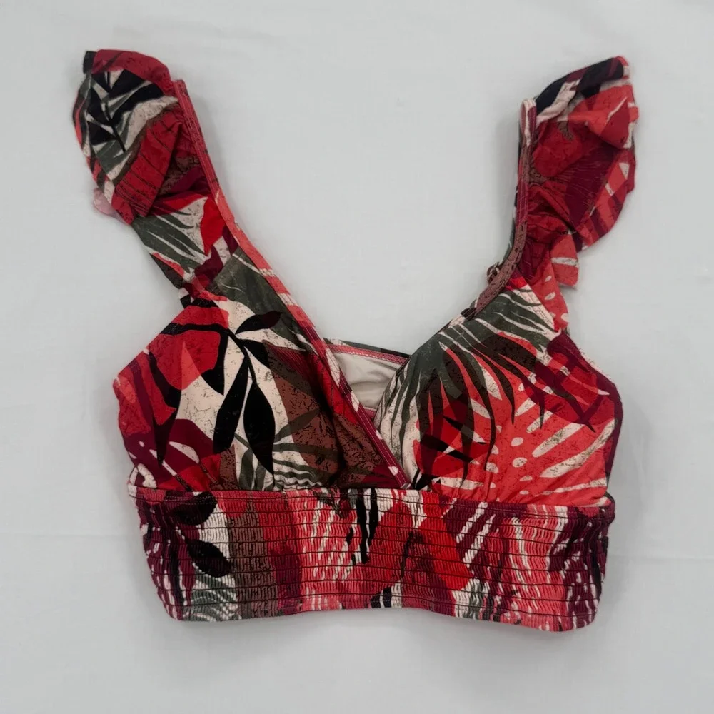 Carmen Marc Valvo Tropical Palm Ruffle Smocked Bikini Top Size Large